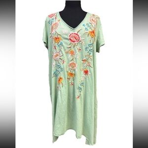 Johnny Was Green Floral Embroidered Jersey Tunic Top Bohemian Size Large